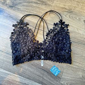 NWT Free People Floral Crochet Bralette Bra Top - Black L Large